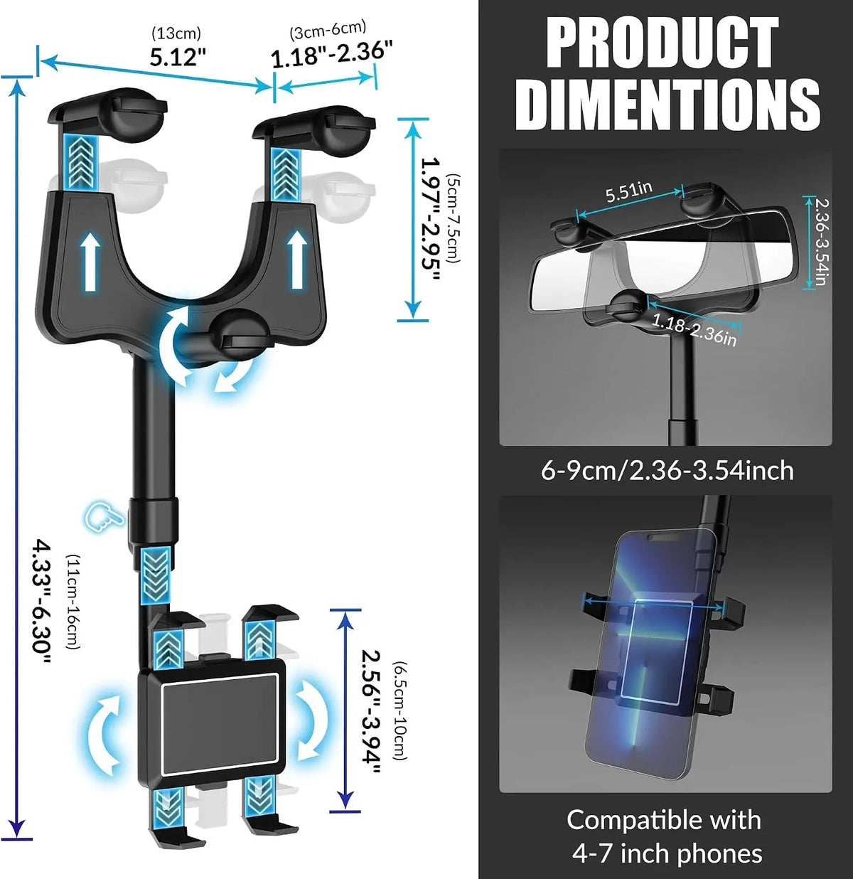 Mroace Rotatable Retractable Rear View Mirror Phone Holder