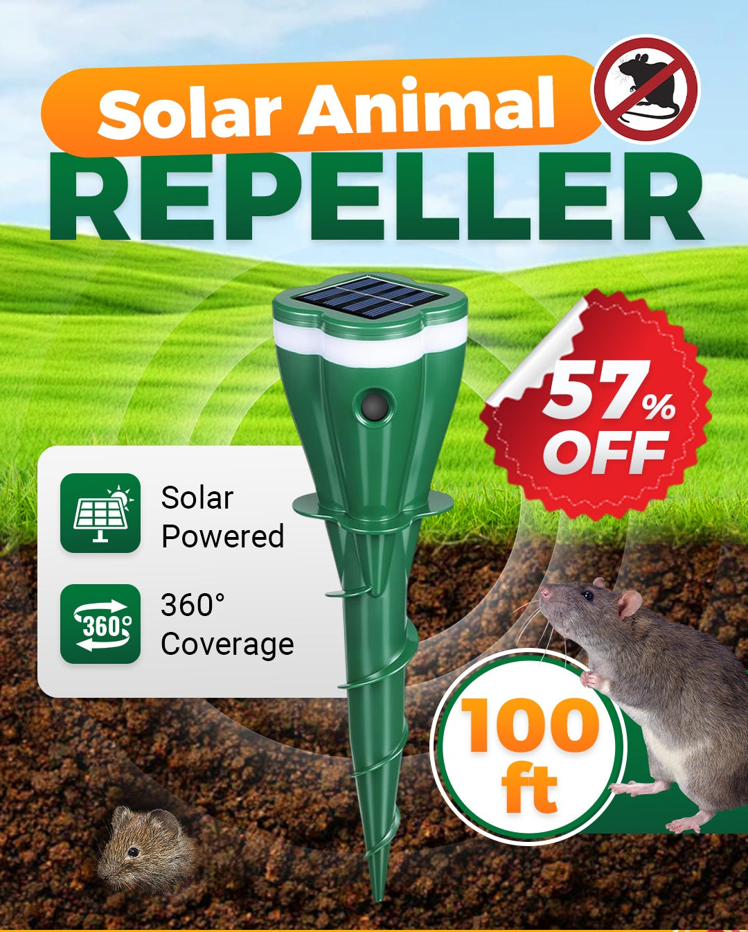 Mroace Outdoors Solar Powered Waterproof Screw Mole Repellent