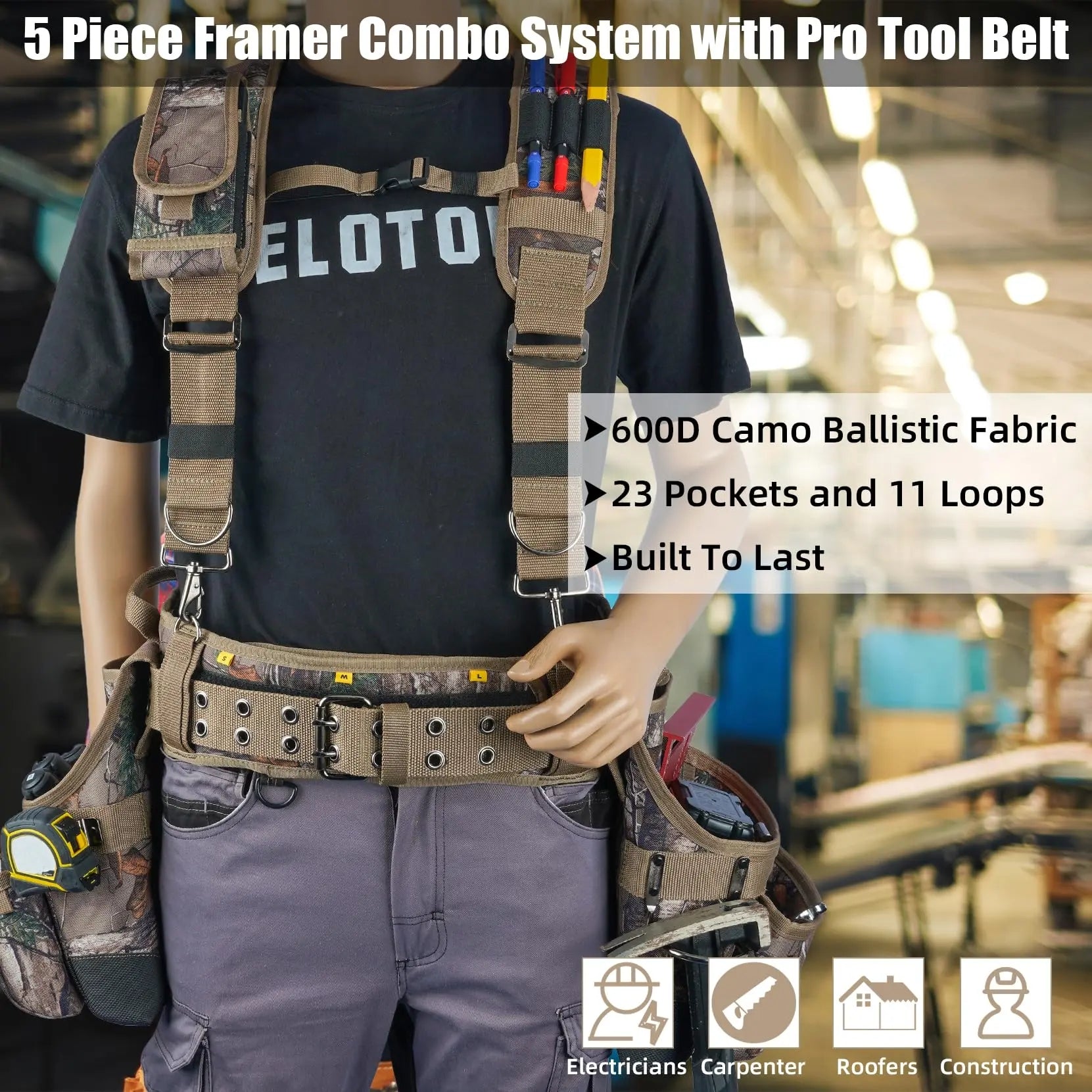 Mroace Heavy Duty Camo Tool Belt With Suspenders