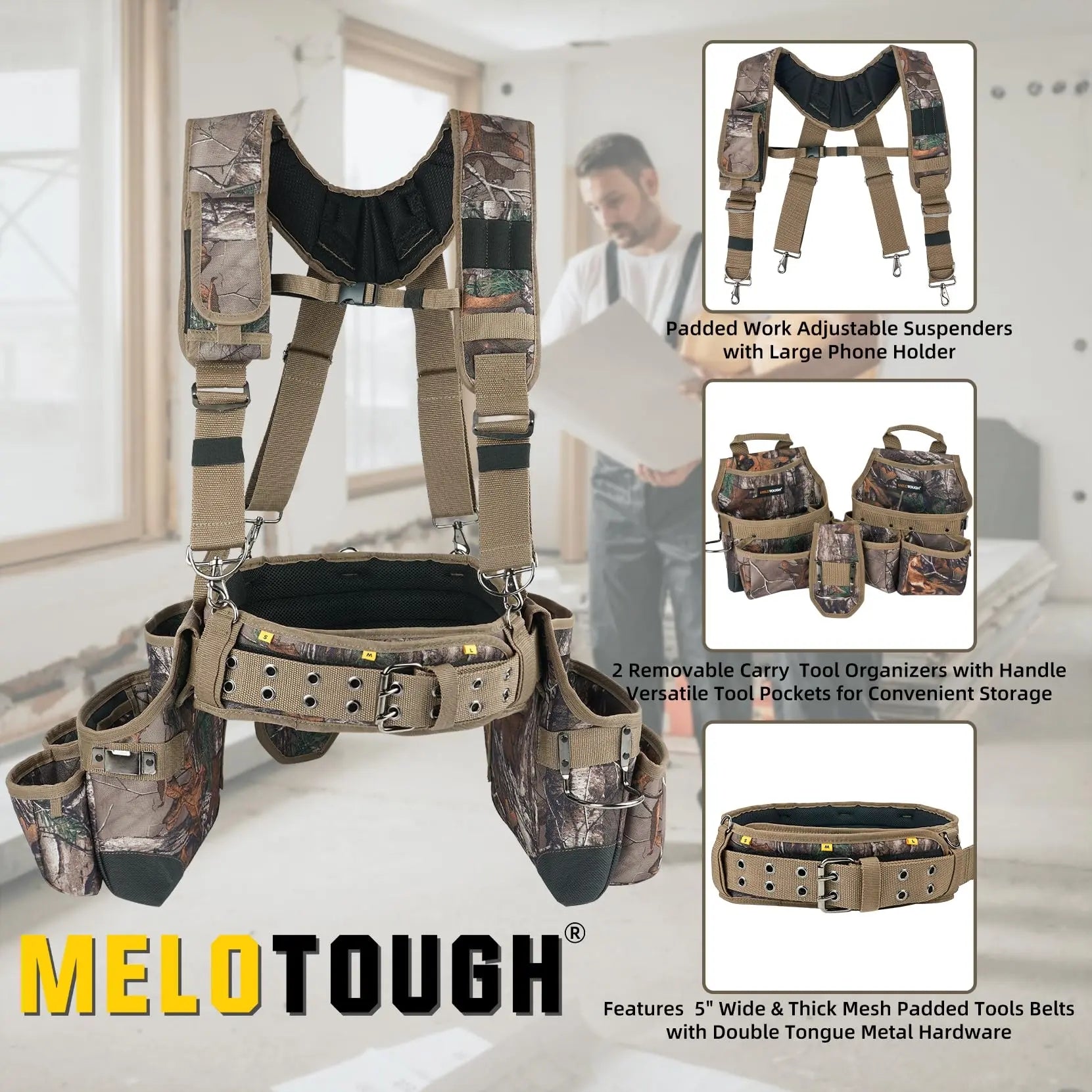 Mroace Heavy Duty Camo Tool Belt With Suspenders
