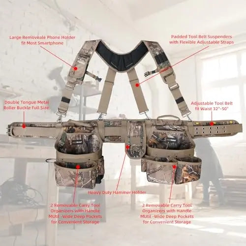 Mroace Heavy Duty Camo Tool Belt With Suspenders