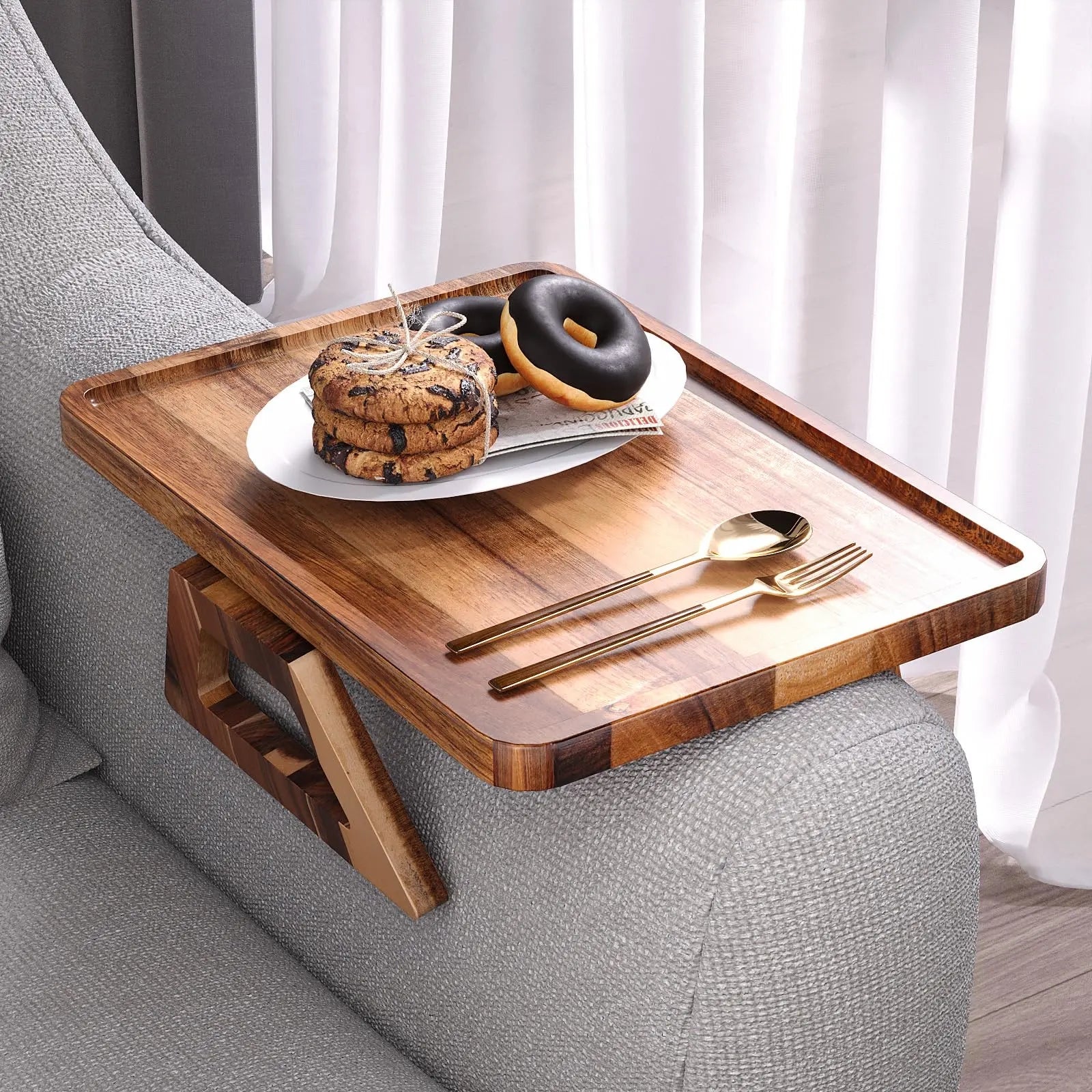 Mroace Folding Acacia Wood Couch Arm Tray
