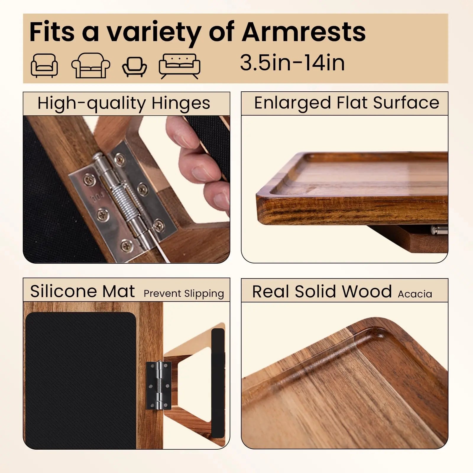 Mroace Folding Acacia Wood Couch Arm Tray