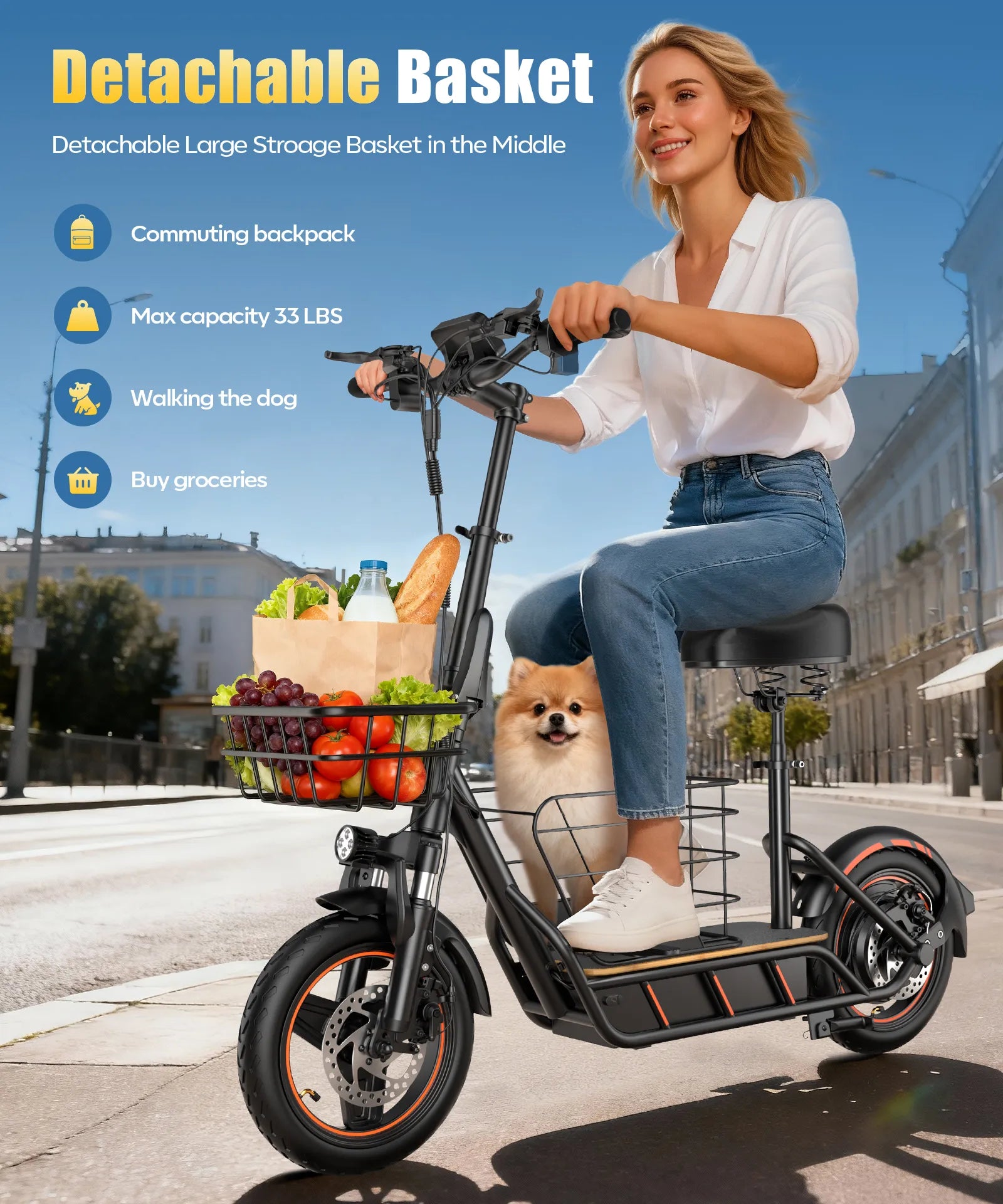 Mroace Foldable Electric Scooter with Basket & Seat