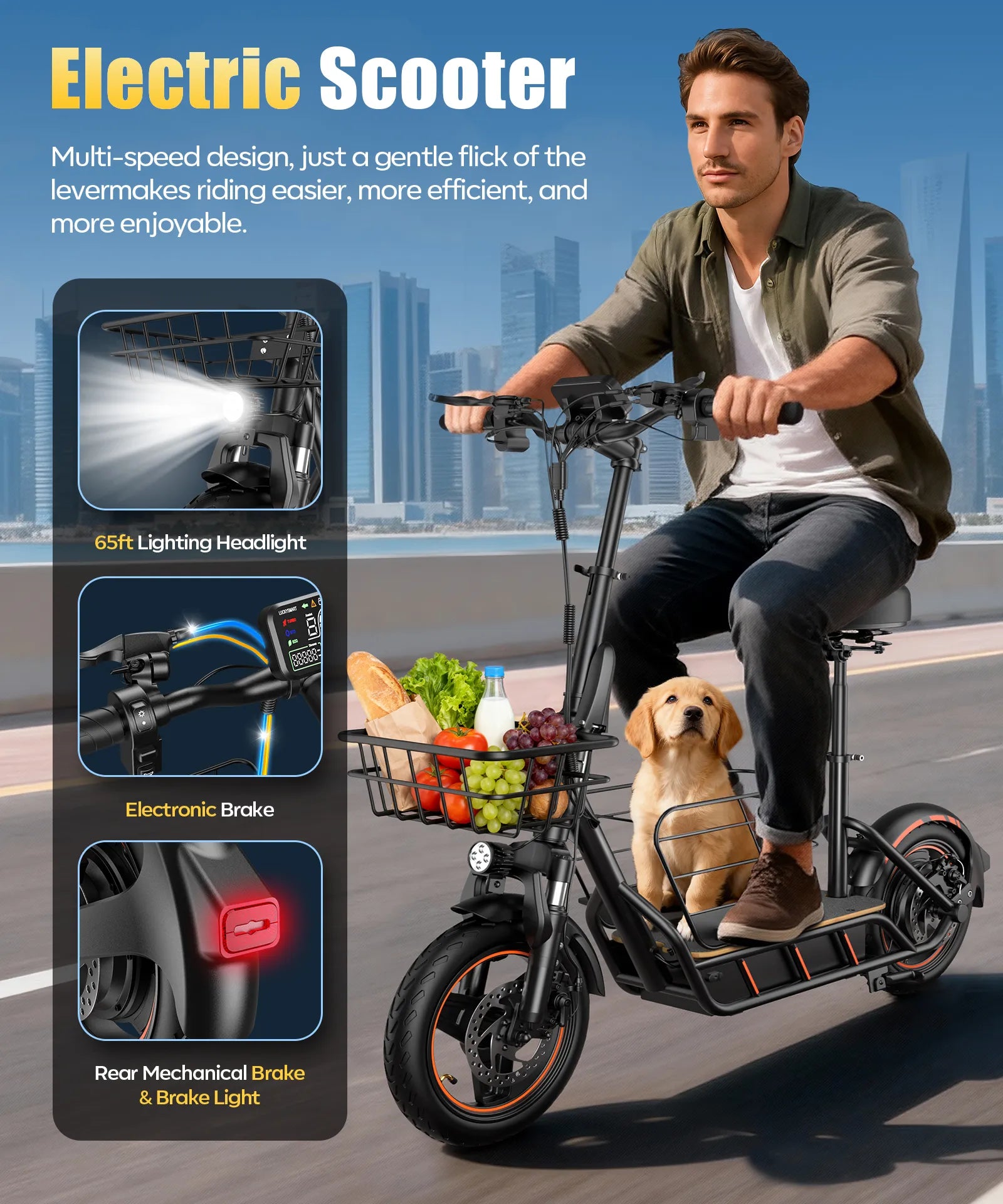 Mroace Foldable Electric Scooter with Basket & Seat