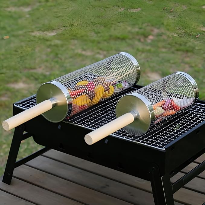 Mroace Thickened Stainless Steel Rotating BBQ Grill Basket