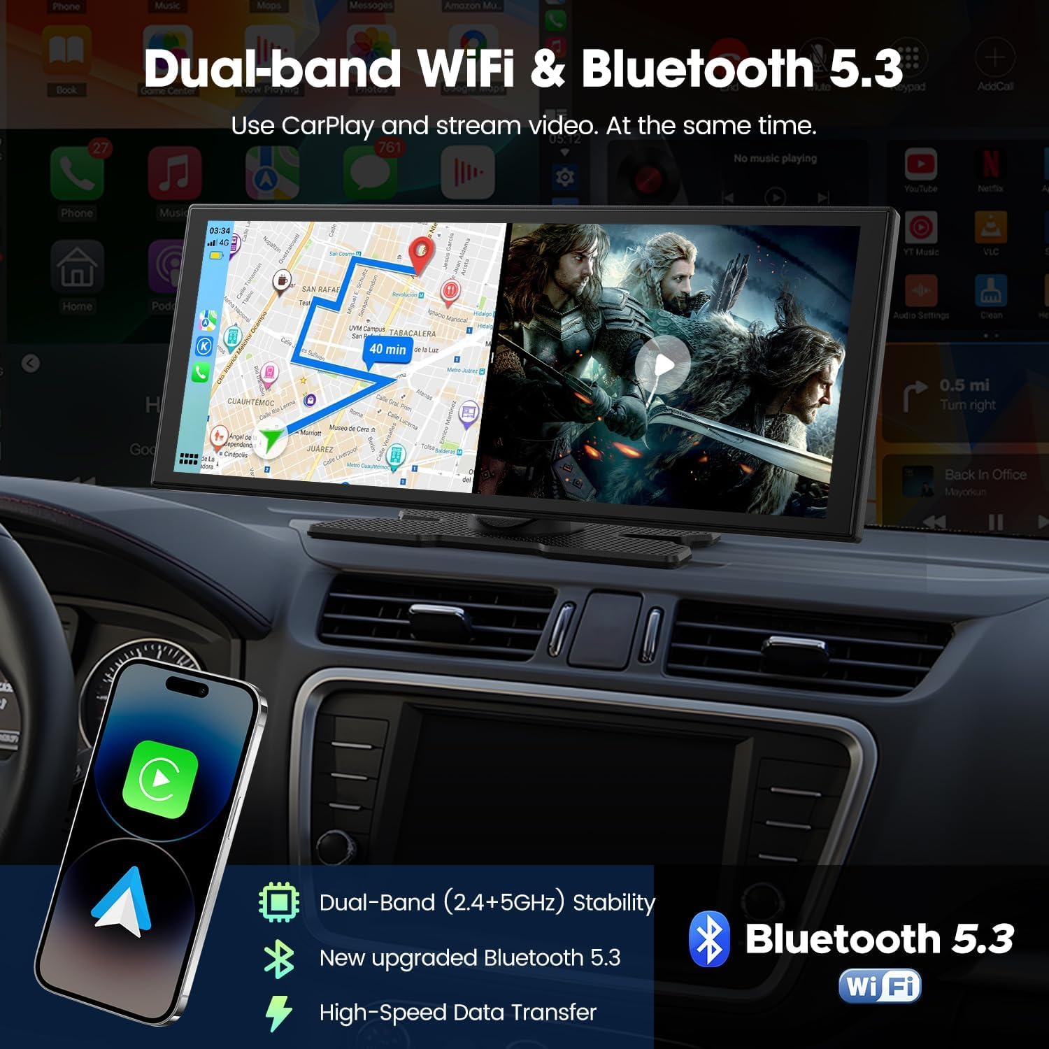 Mroace Upgraded 11'' Wireless CarPlay Screen with 4K Dash Cam & 1080P Display