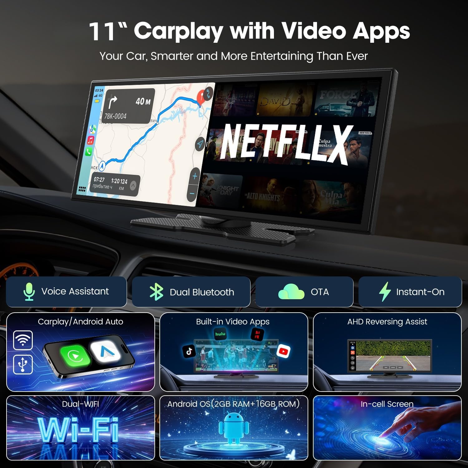 Mroace Upgraded 11'' Wireless CarPlay Screen with 4K Dash Cam & 1080P Display