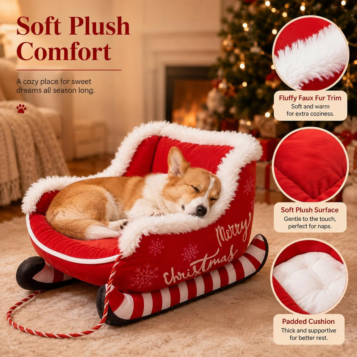 Mroace Plush Santa Sleigh Christmas Pet Bed
