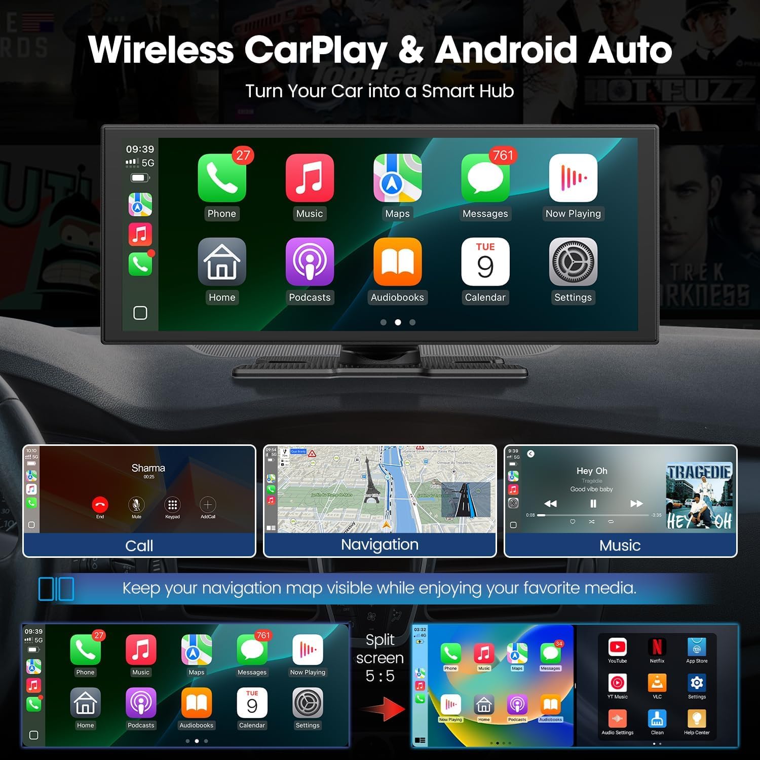 Mroace Upgraded 11'' Wireless CarPlay Screen with 4K Dash Cam & 1080P Display