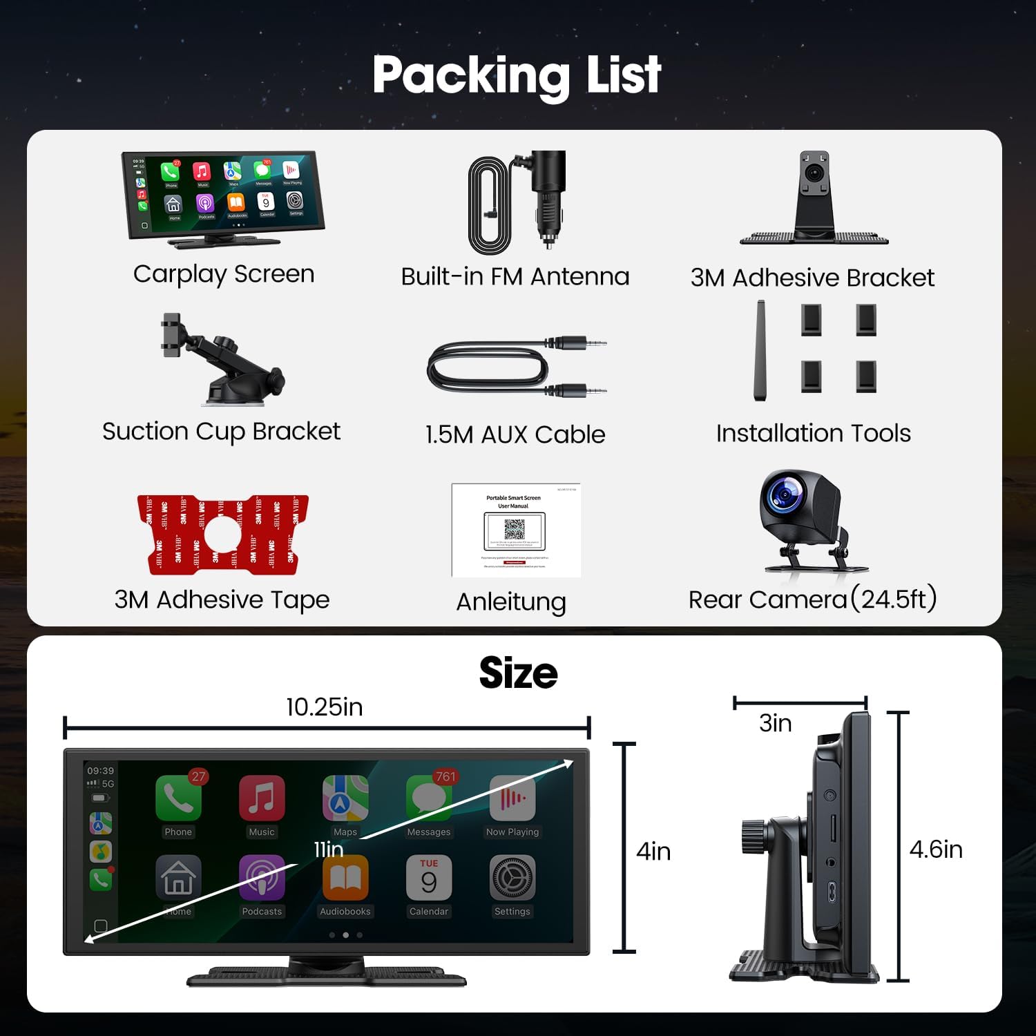 Mroace Upgraded 11'' Wireless CarPlay Screen with 4K Dash Cam & 1080P Display