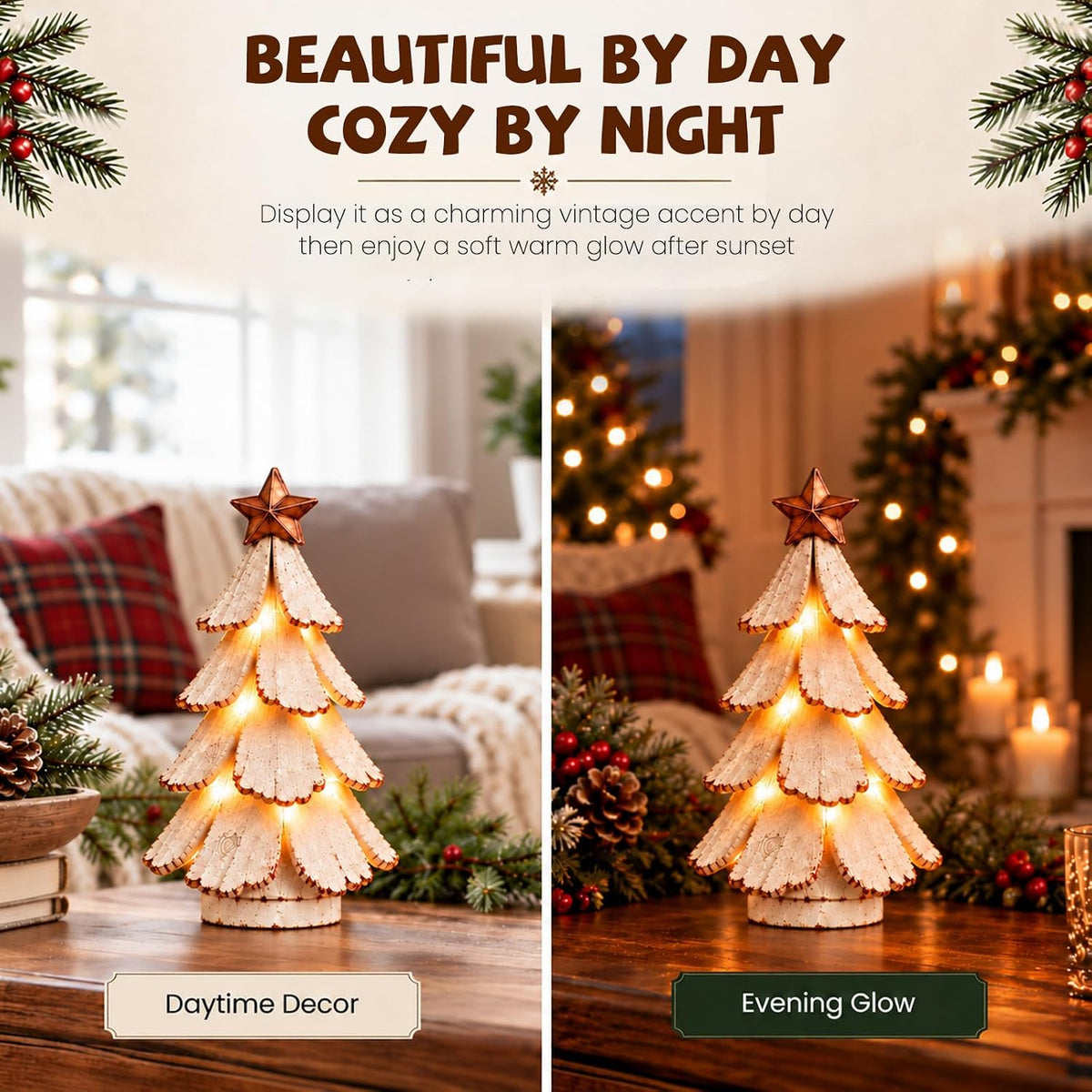 Mroace Vintage Pre Lit Resin Tabletop Christmas Tree Figurine