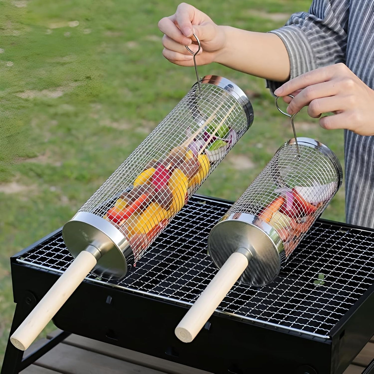 Mroace Thickened Stainless Steel Rotating BBQ Grill Basket