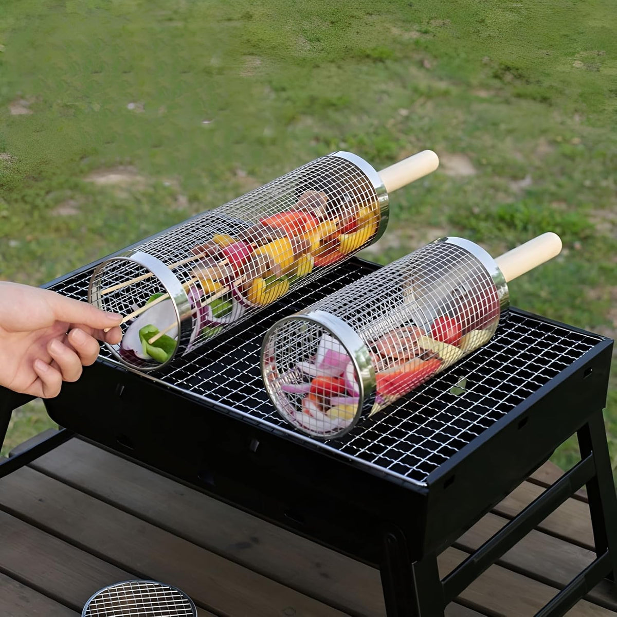 Mroace Thickened Stainless Steel Rotating BBQ Grill Basket