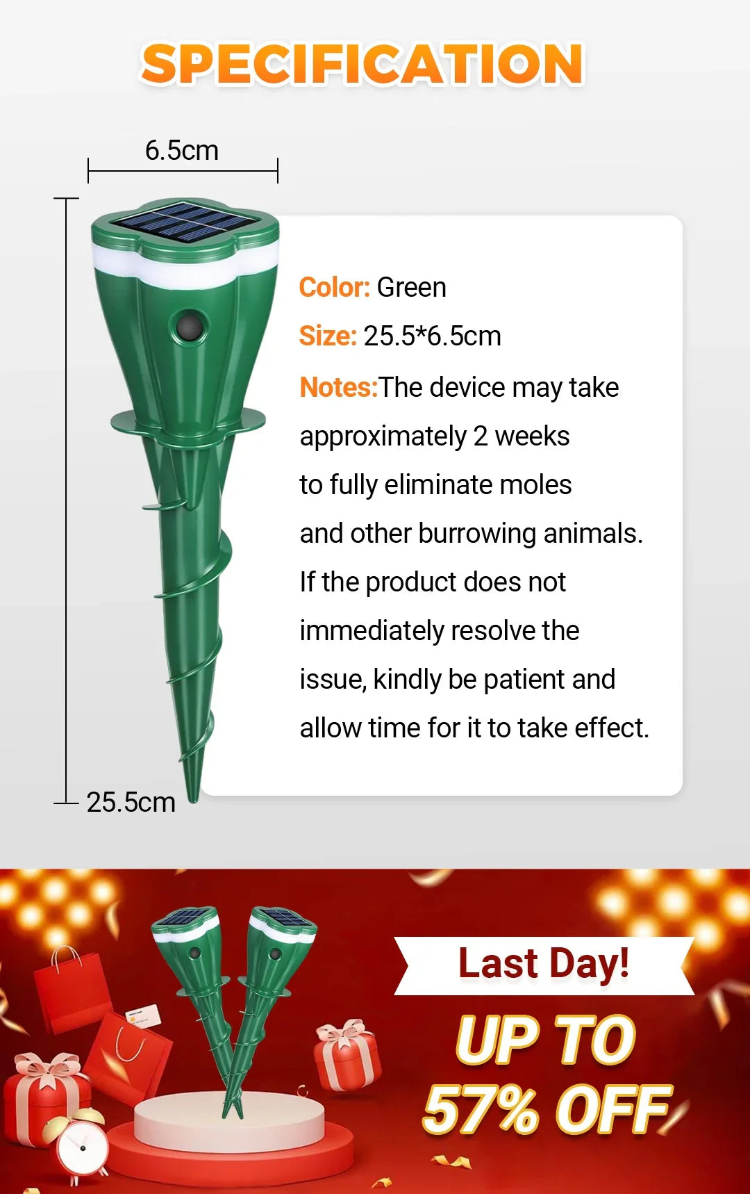 Mroace Outdoors Solar Powered Waterproof Screw Mole Repellent