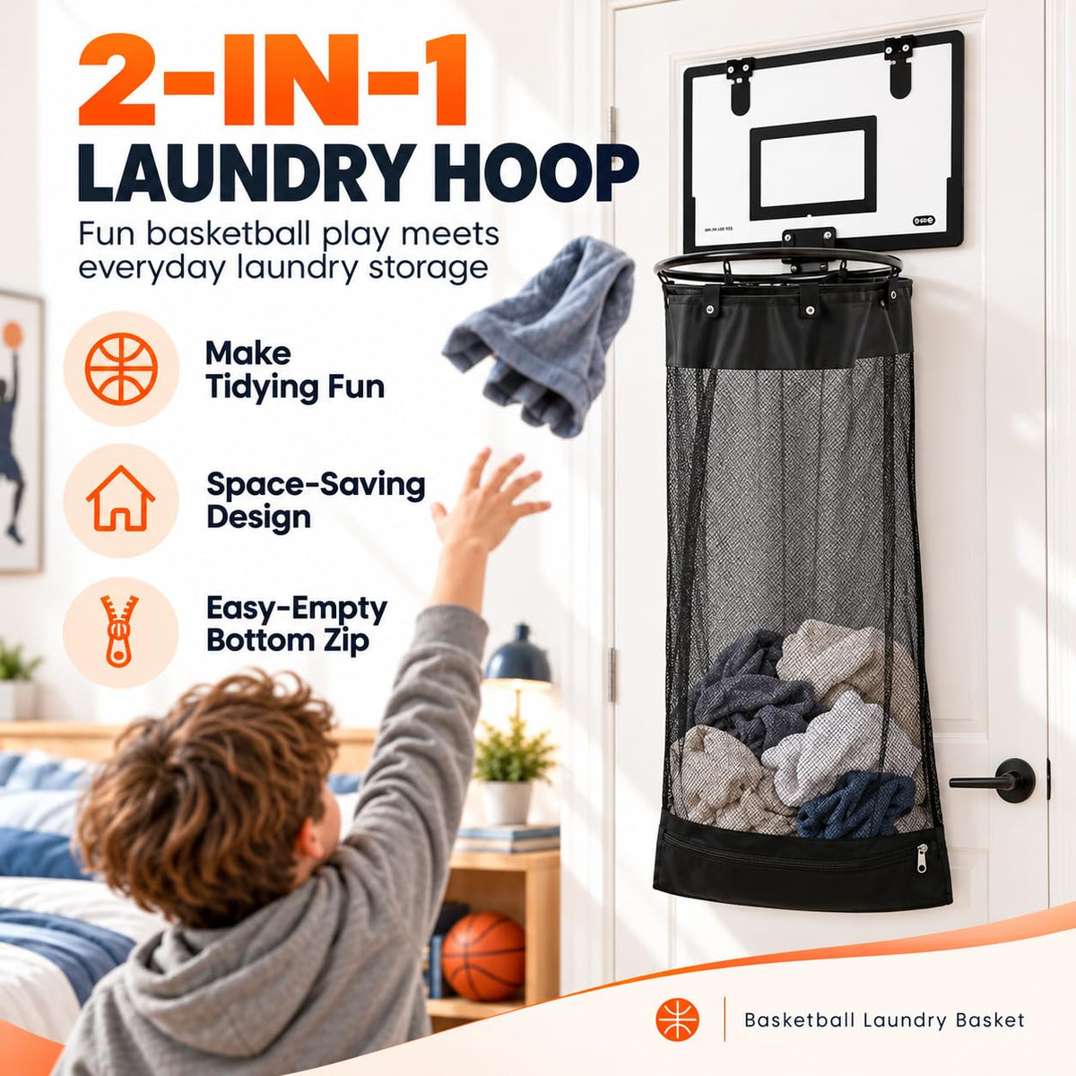 Mroace Over Door Basketball Hoop Laundry Basket With Bottom Zipper