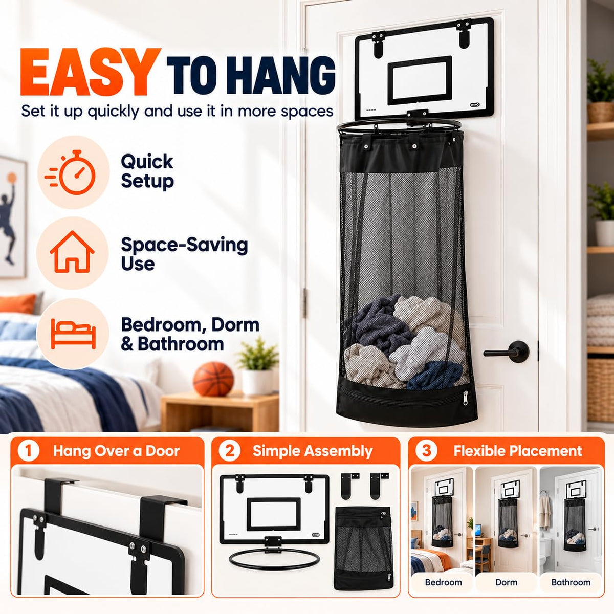 Mroace Over Door Basketball Hoop Laundry Basket With Bottom Zipper