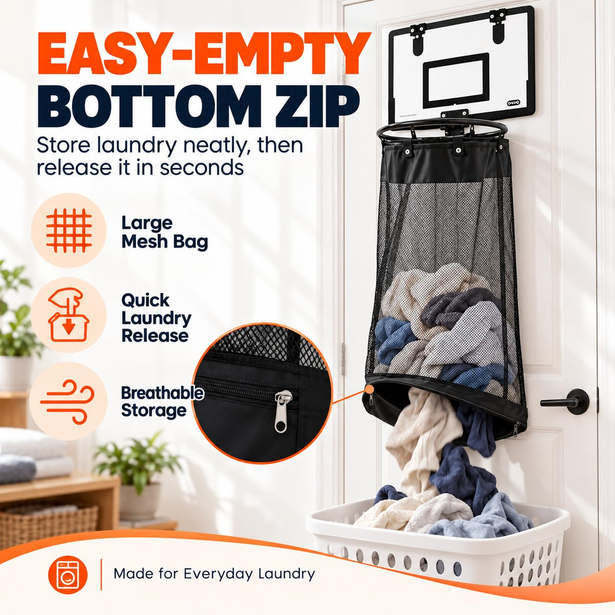 Mroace Over Door Basketball Hoop Laundry Basket With Bottom Zipper
