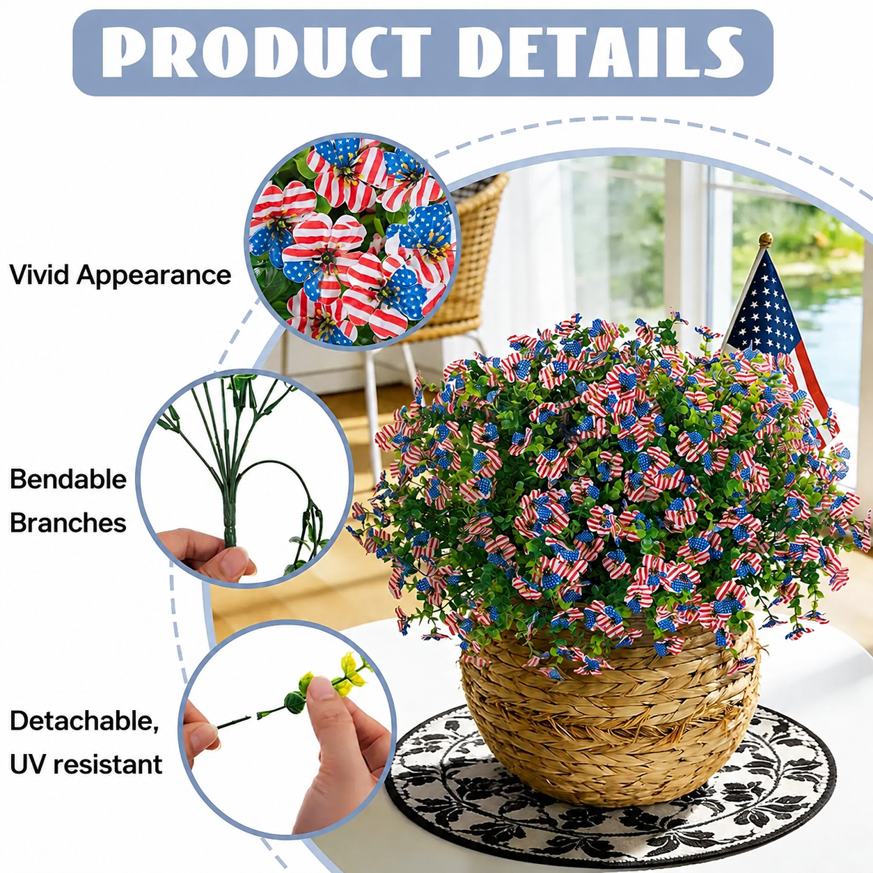 Mroace Patriotic Red White Blue Artificial Flowers