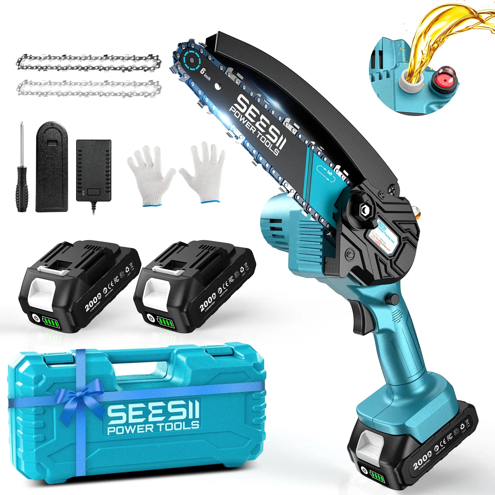 Mroace Cordless Mini Chainsaw with 6-Inch and 8-Inch Chains Bar