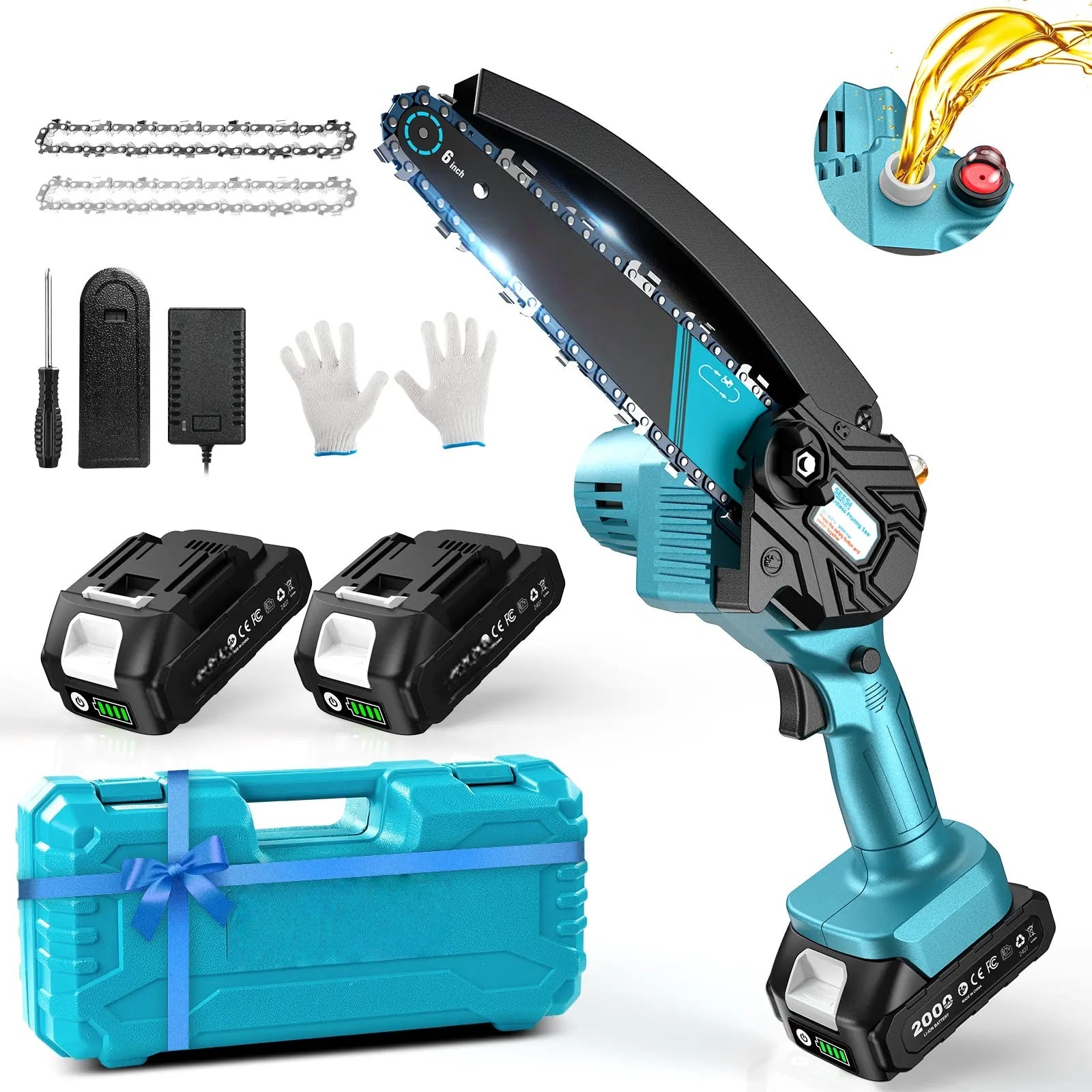 Mroace Cordless Mini Chainsaw with 6-Inch and 8-Inch Chains Bar