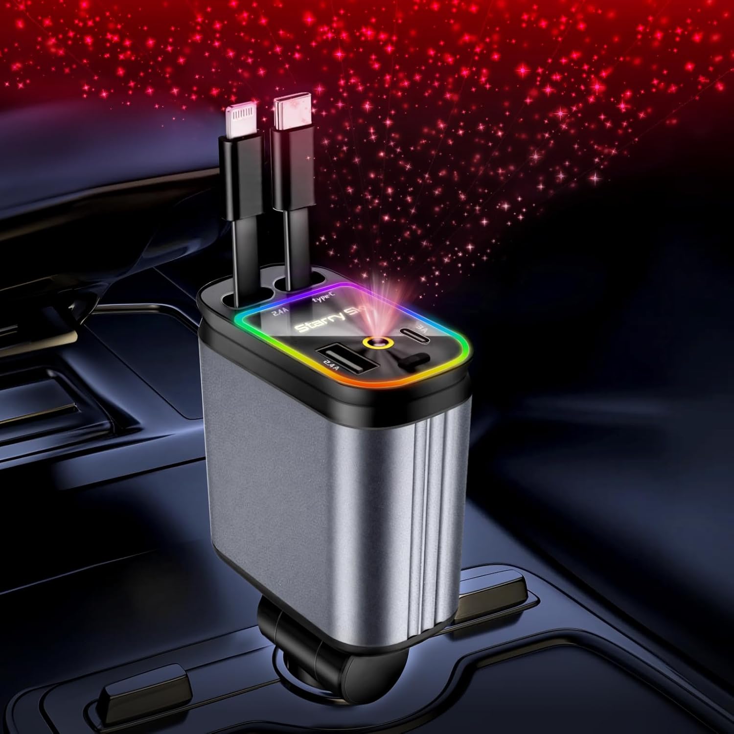 Mroace 4 in 1 Retractable Car Charger With Stary Lights