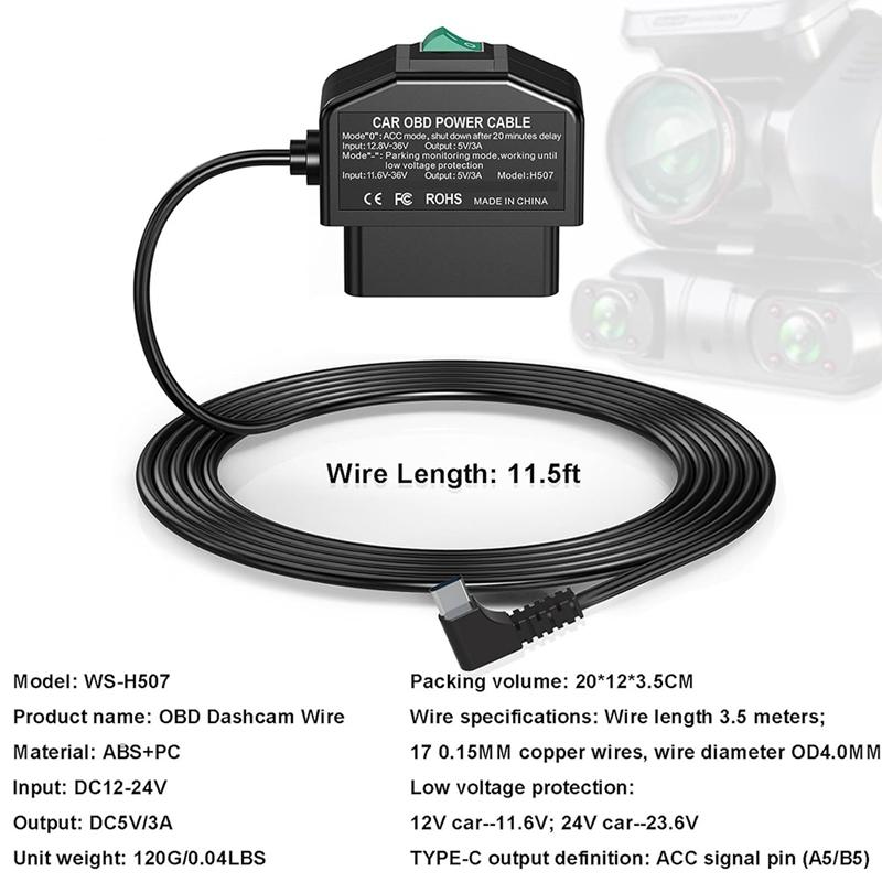 Mroace 24V-to-5V Low-Voltage Protection Dashcam OBD Hardwire Kit
