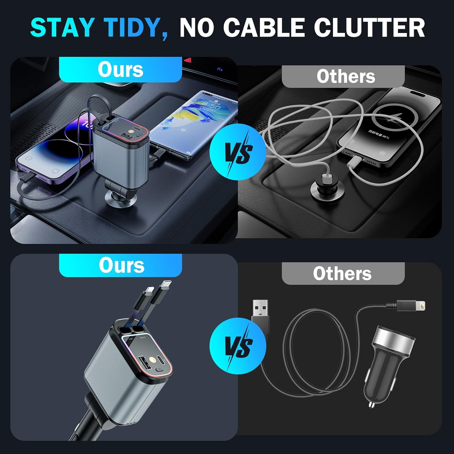 Mroace 4 in 1 Retractable Car Charger With Stary Lights