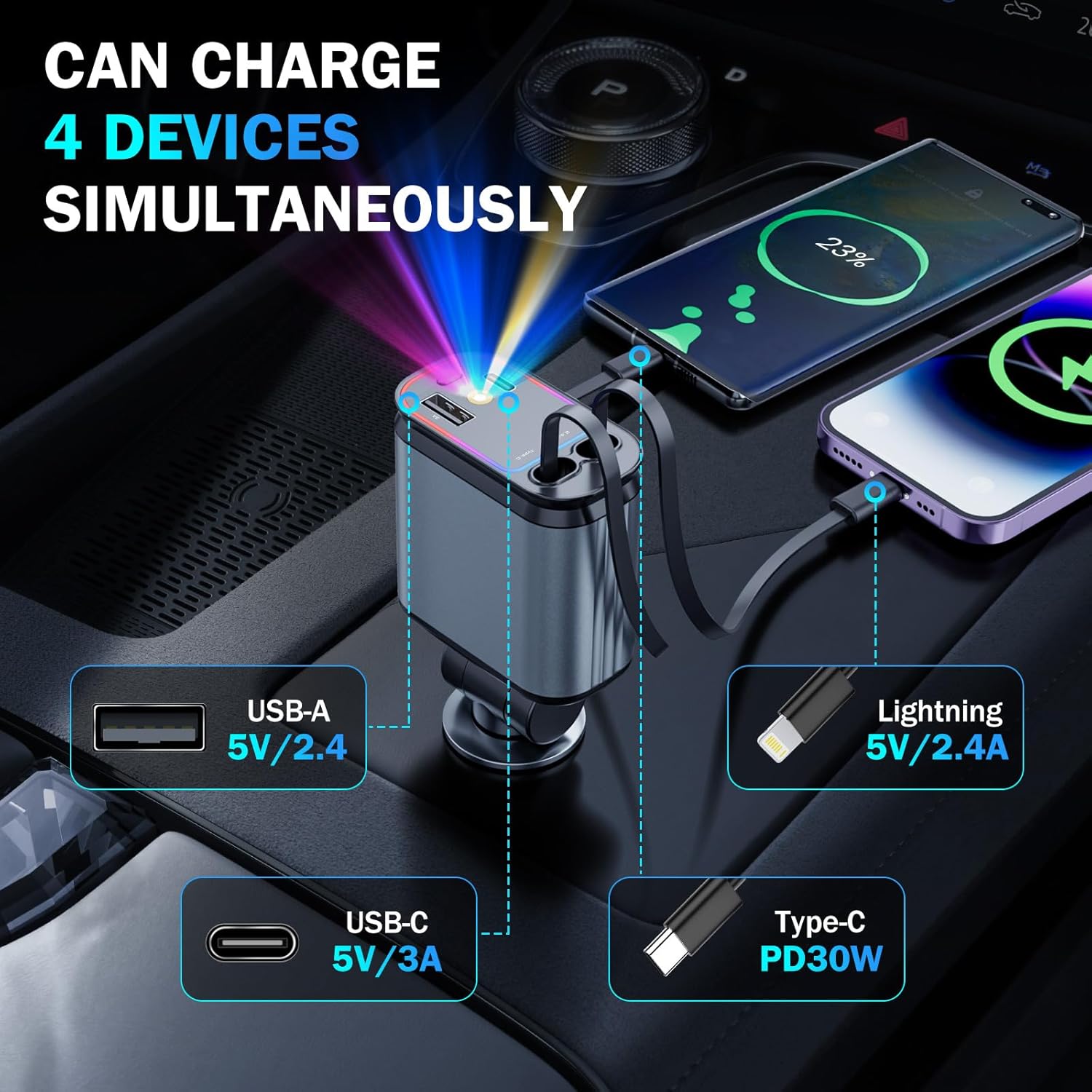 Mroace 4 in 1 Retractable Car Charger With Stary Lights
