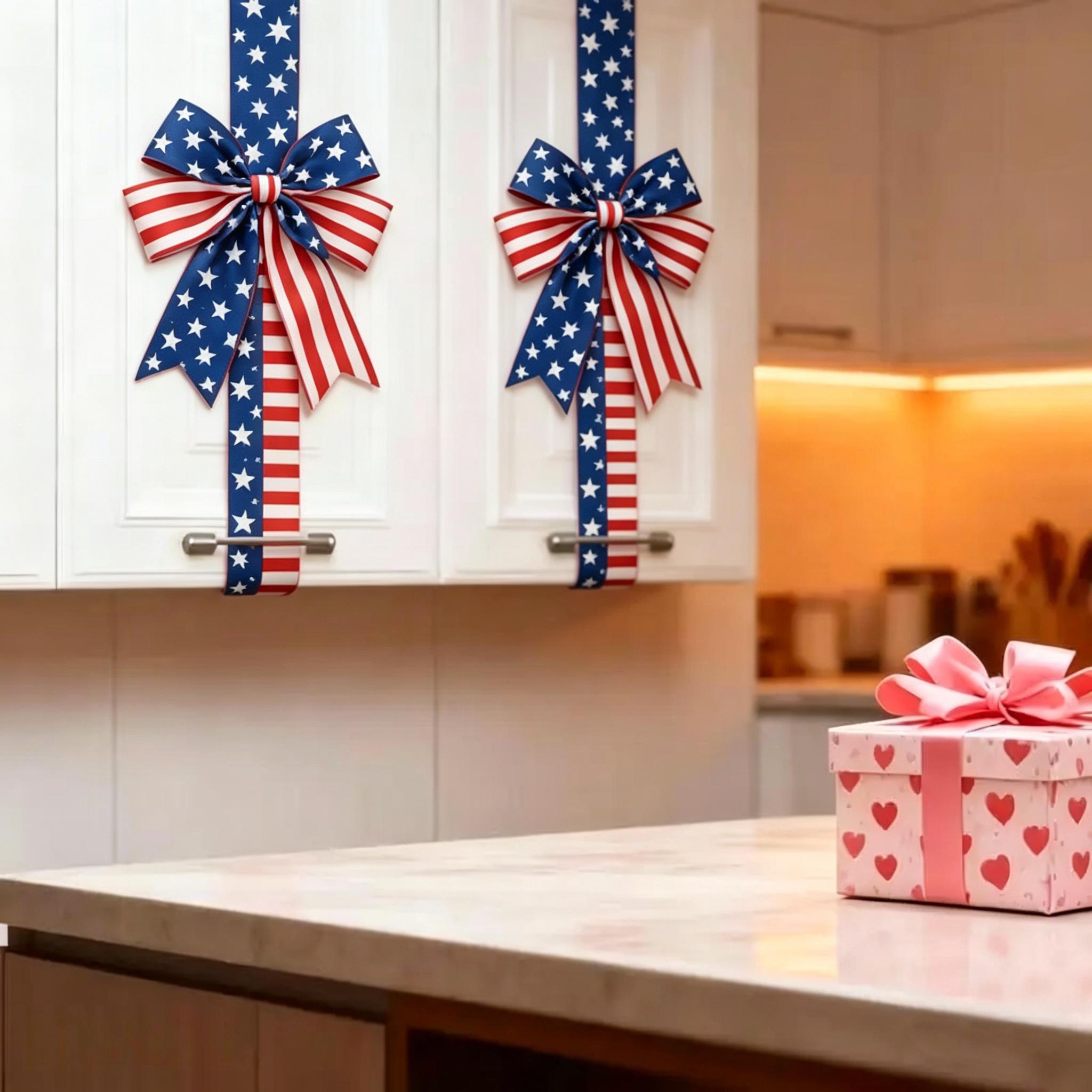 Mroace 79-Inch Red White Blue Independence Day Cabinet Fringe Bow