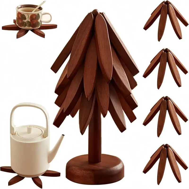 Mroace 4-Piece Wooden Trivet Set with Stand