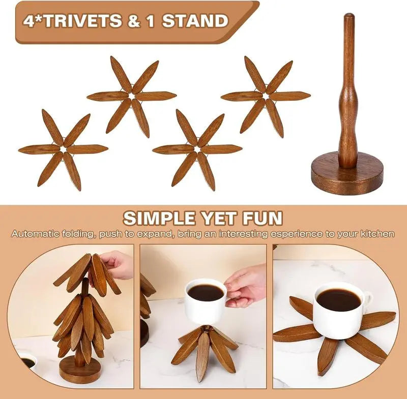Mroace 4-Piece Wooden Trivet Set with Stand