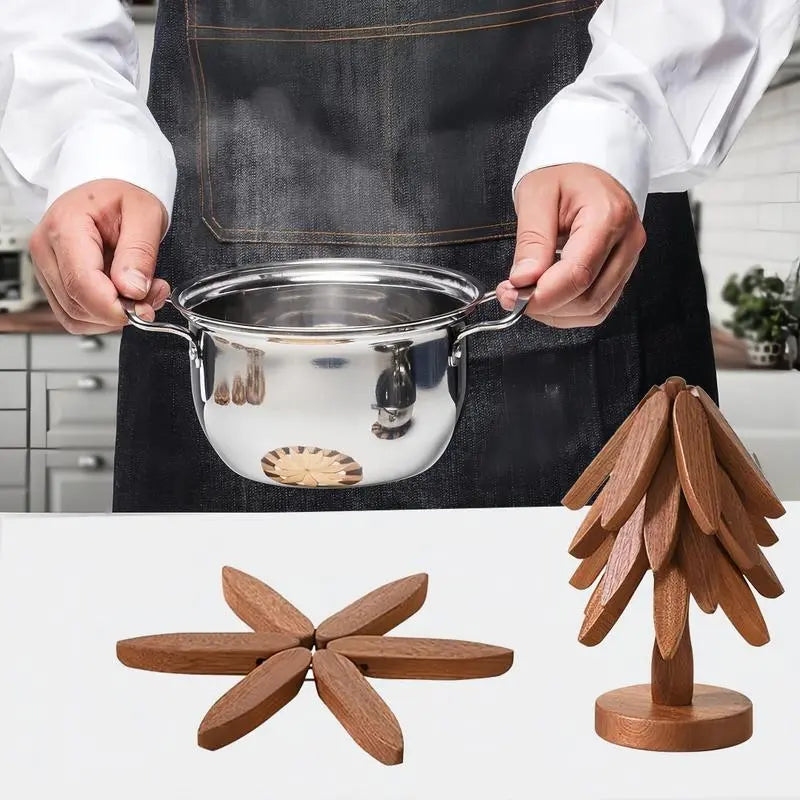Mroace 4-Piece Wooden Trivet Set with Stand