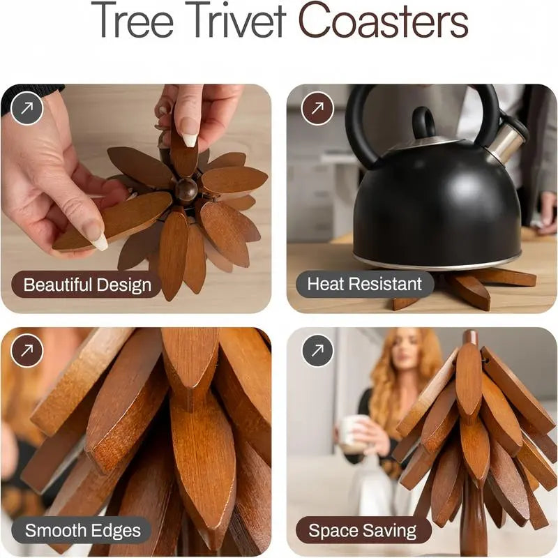 Mroace 4-Piece Wooden Trivet Set with Stand