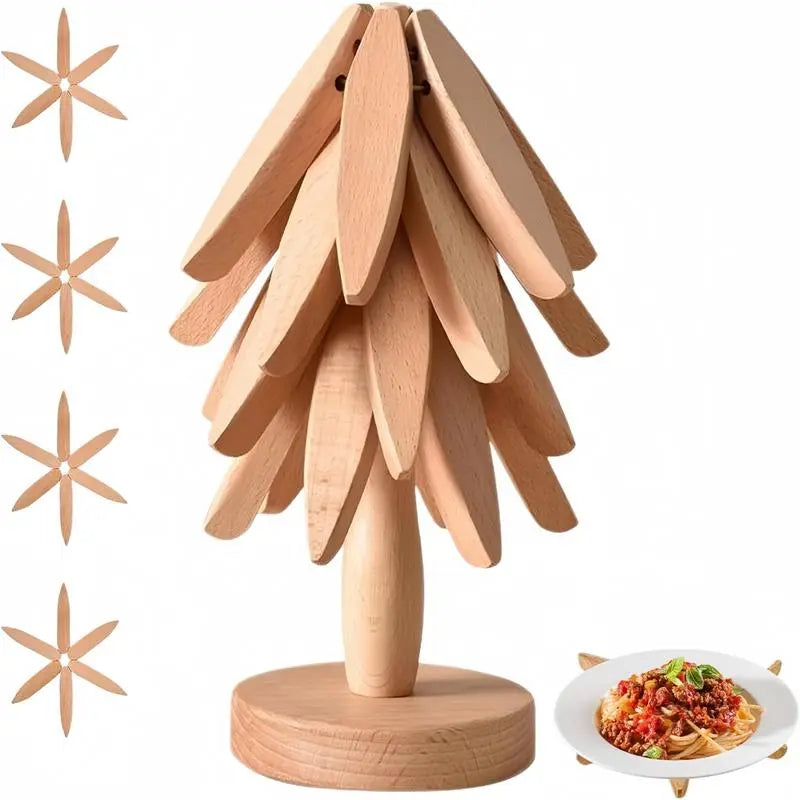 Mroace 4-Piece Wooden Trivet Set with Stand