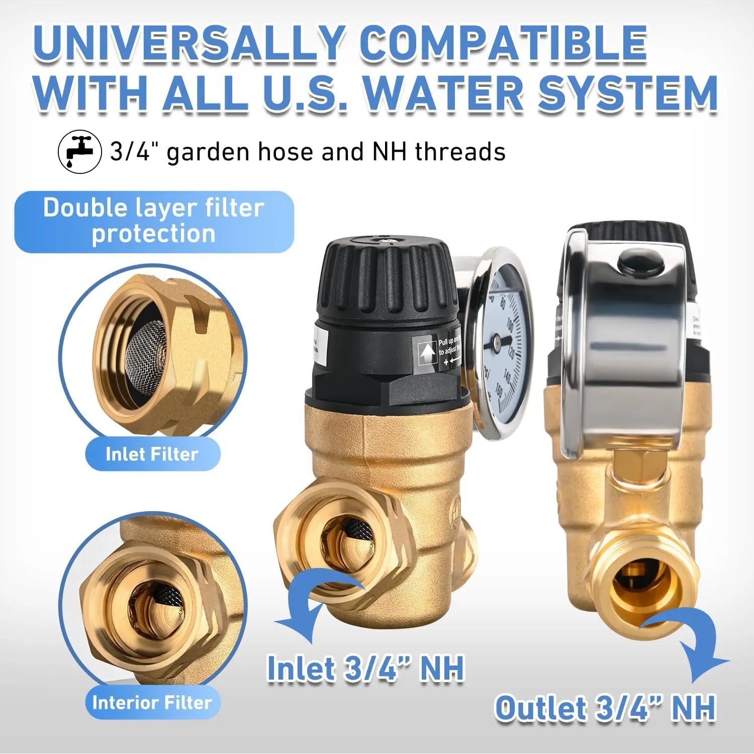 Mroace Lead-Free Brass Adjustable RV Water Pressure Regulator