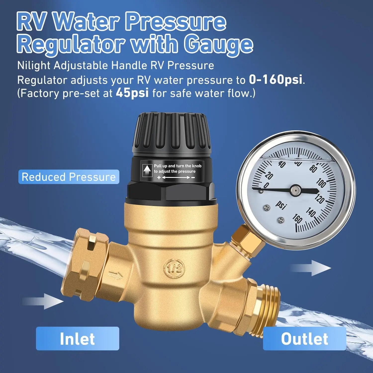 Mroace Lead-Free Brass Adjustable RV Water Pressure Regulator