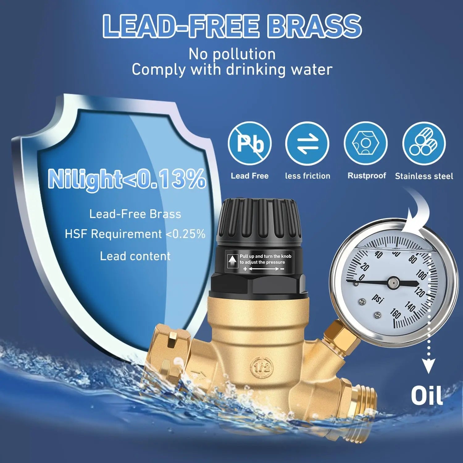 Mroace Lead-Free Brass Adjustable RV Water Pressure Regulator