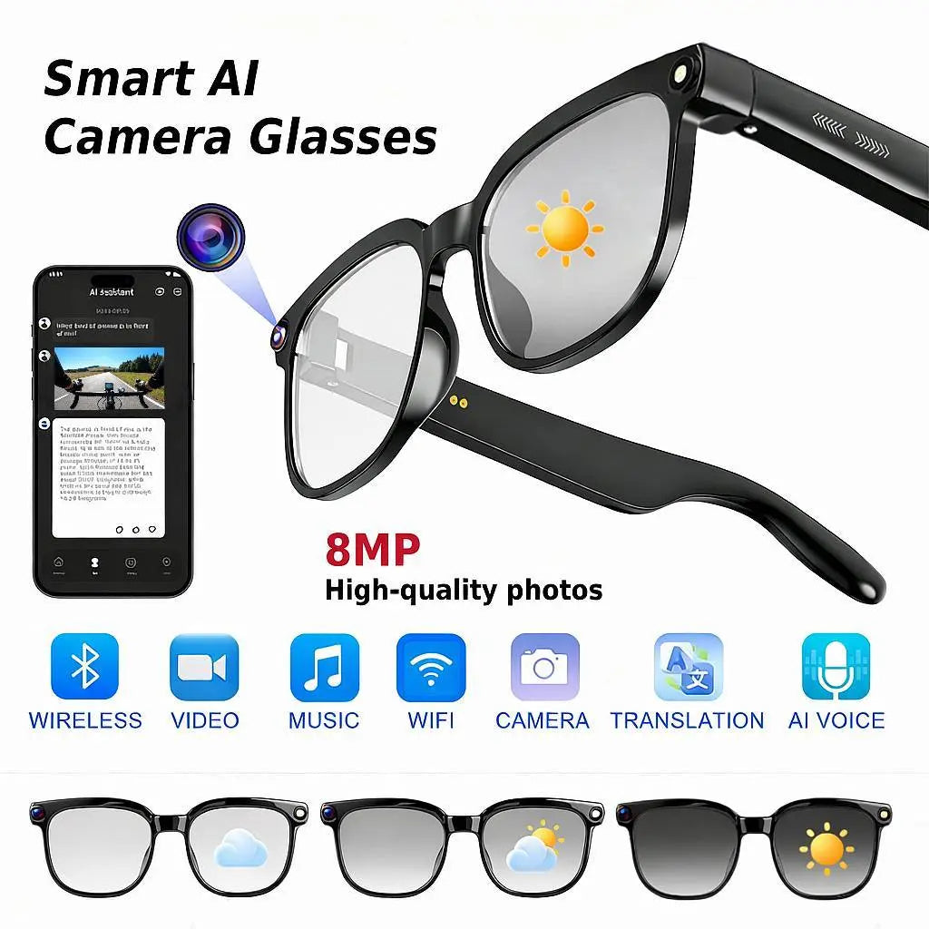 Mroace AI Camera Glasses with 8MP Photochromic Lenses and Real-Time Translation
