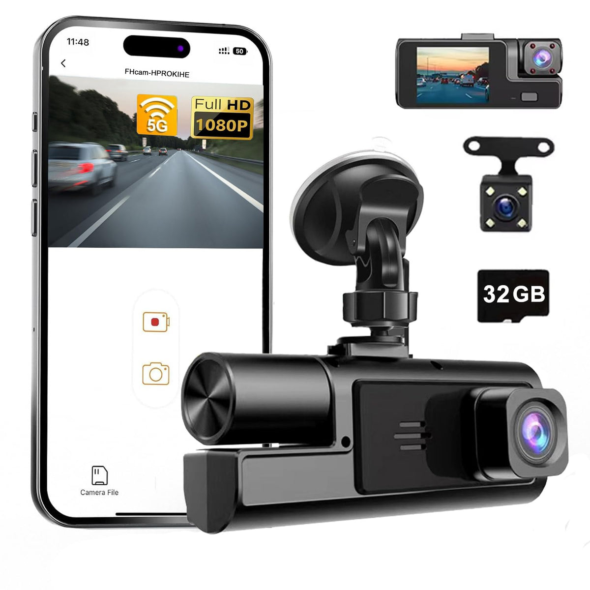 Mroace Dual Dash Camera With Night Vision (Includes 32GB Card）