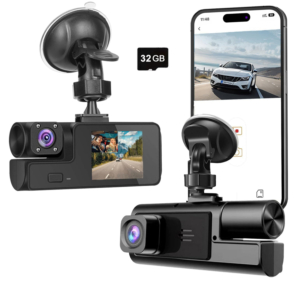 Mroace Dual Dash Camera With Night Vision (Includes 32GB Card）