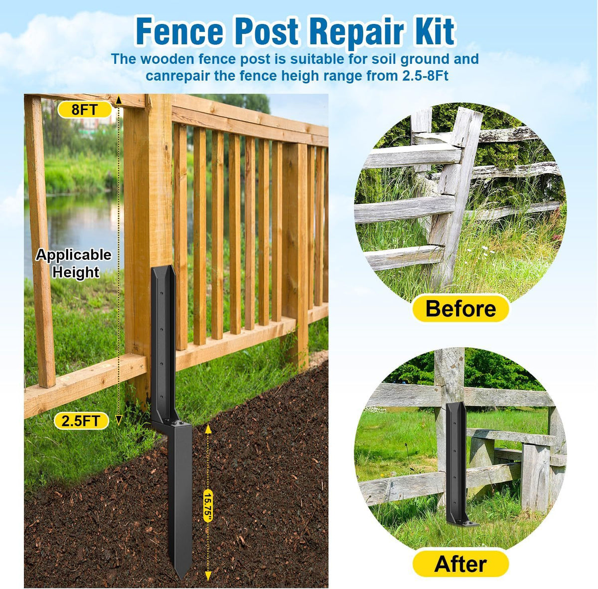 Mroace Heavy Duty Fence Post Repair Support Stakes
