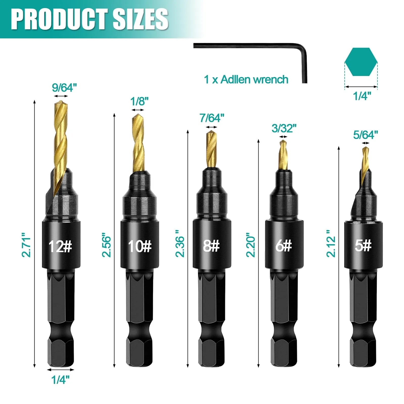 Mroace Adjustable Wood Countersink Drill Bit Set