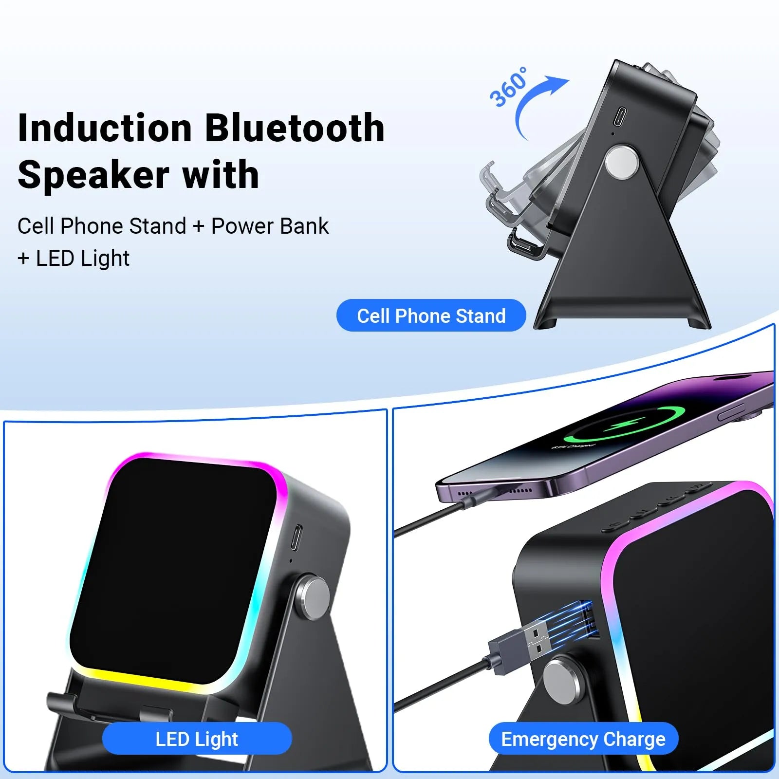 Mroace 5-in-1 Wireless Induction Bluetooth Speaker with Phone Stand