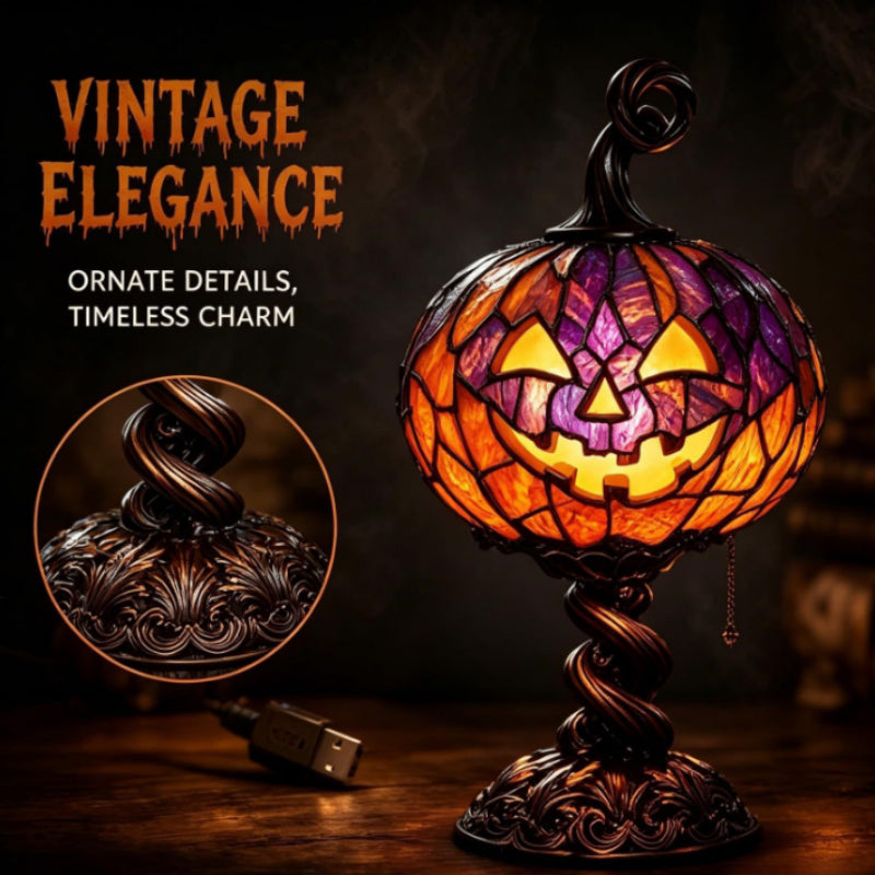 Mroace Stained Glass Halloween Pumpkin Table Lamp