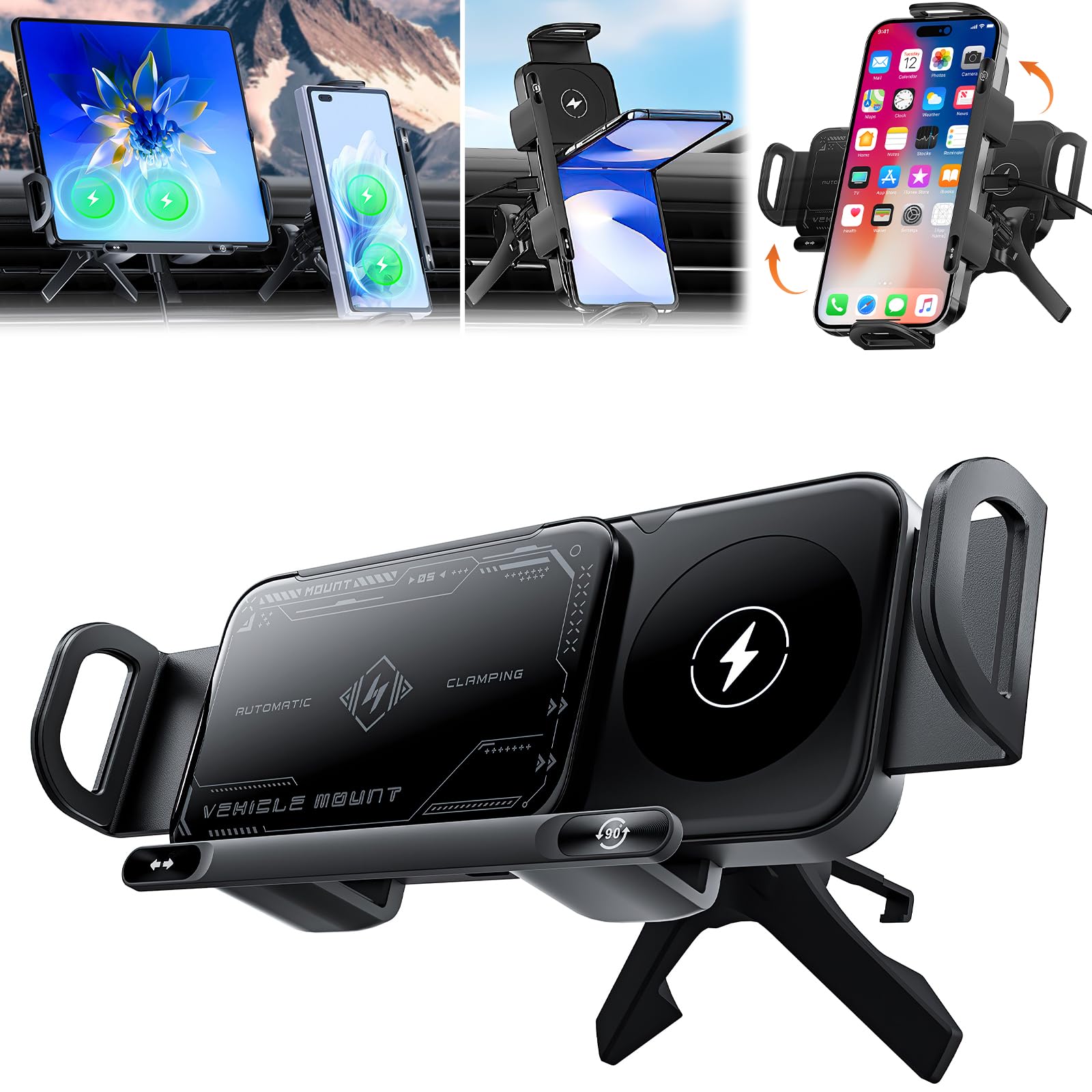 Mroace 2 in 1 Auto Rotating Car Charger Holder