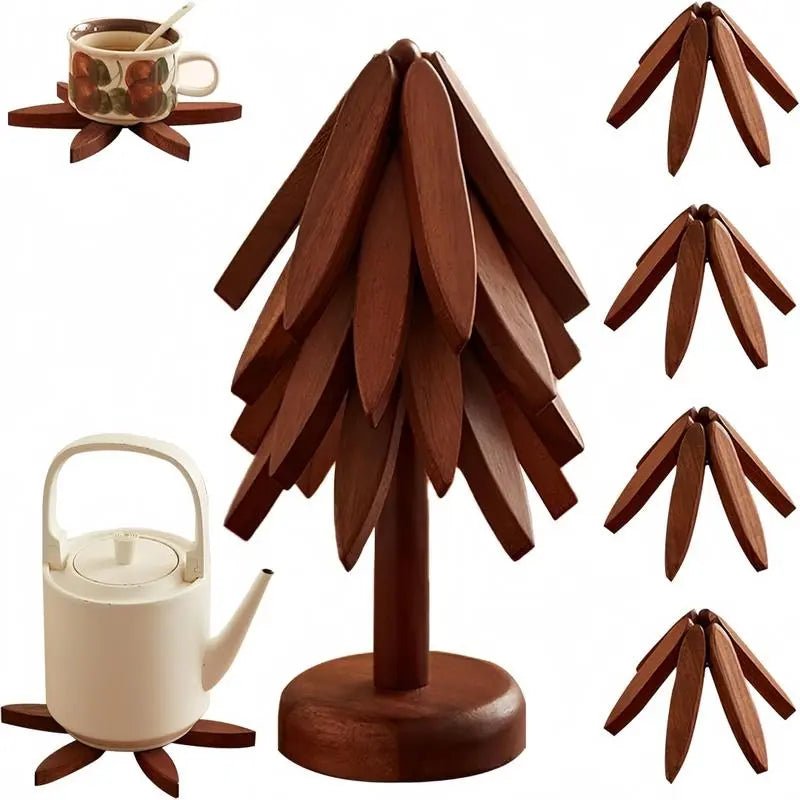 Mroace 4-Piece Wooden Trivet Set with Stand