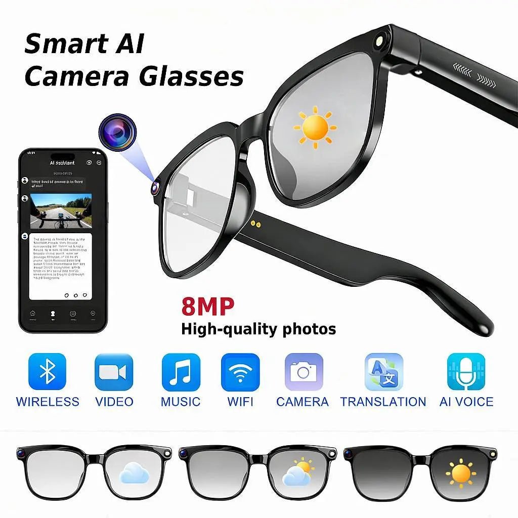 Mroace AI Camera Glasses with 8MP Photochromic Lenses and Real-Time Translation