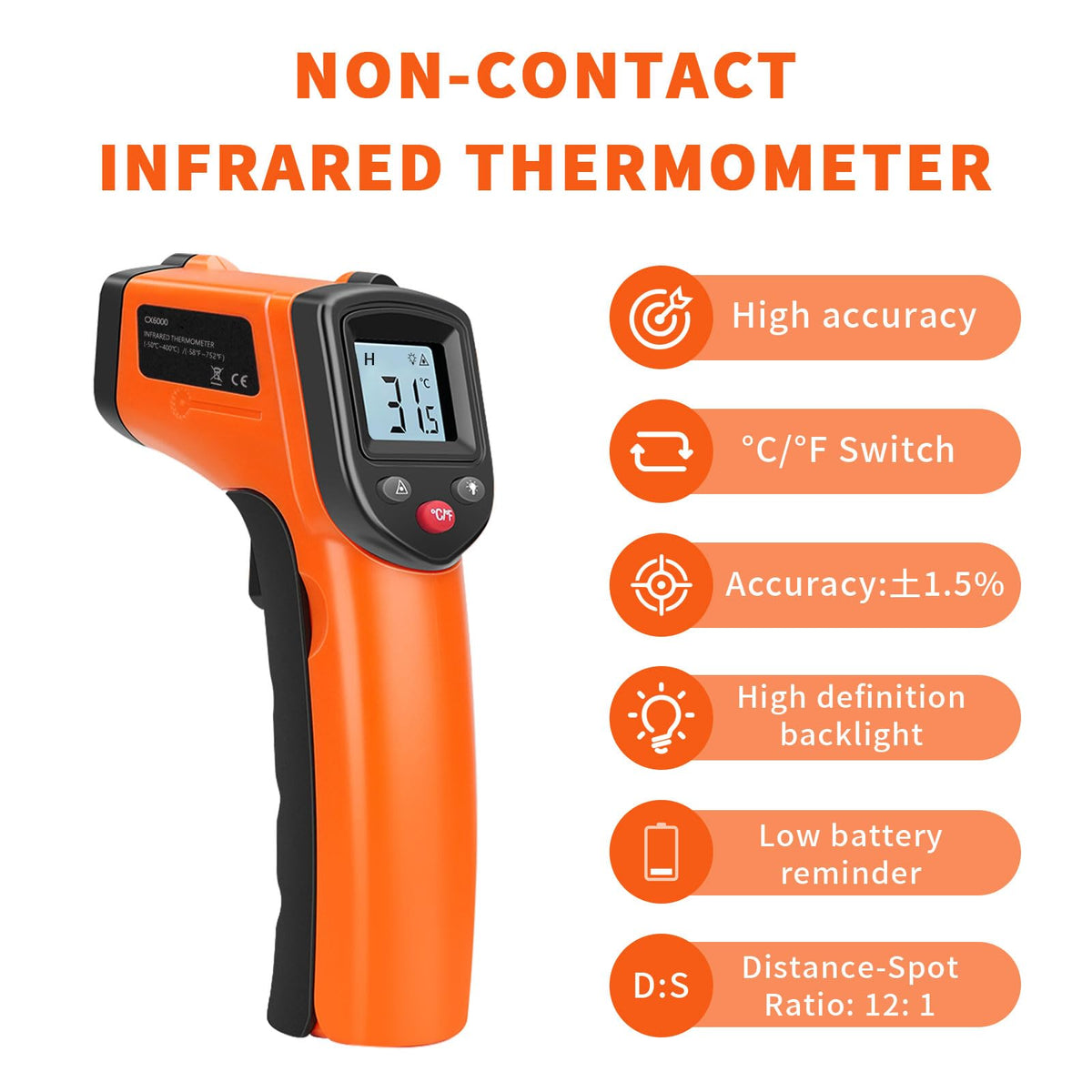 Mroace Non-Contact Infrared Thermometer Gun with LCD Display 1022°F Range