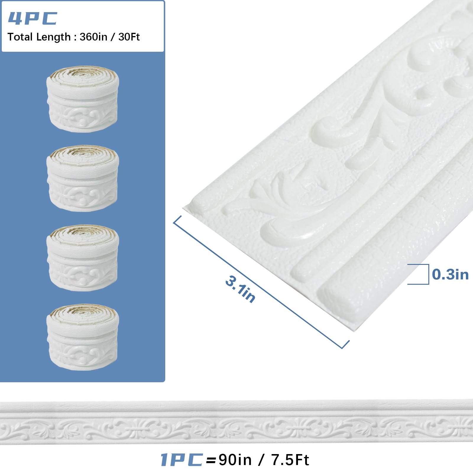 Mroace Peel and Stick Foam Molding Trim 90 x 3.1 Inch